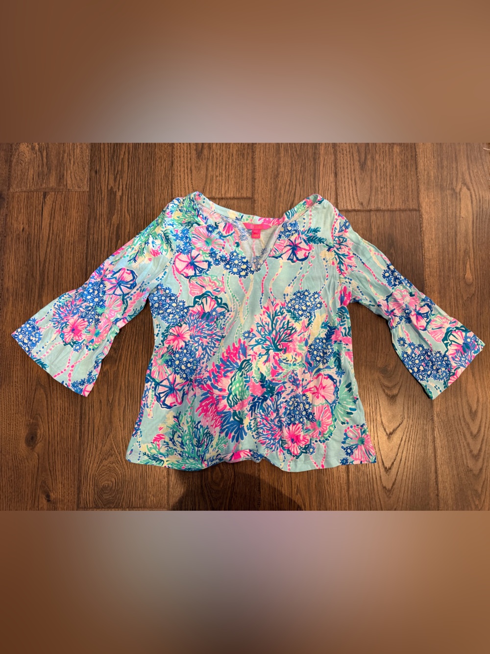 Lilly Pulitzer Aqua Floral Bell-Sleeve Top with Pink & Blue Accents